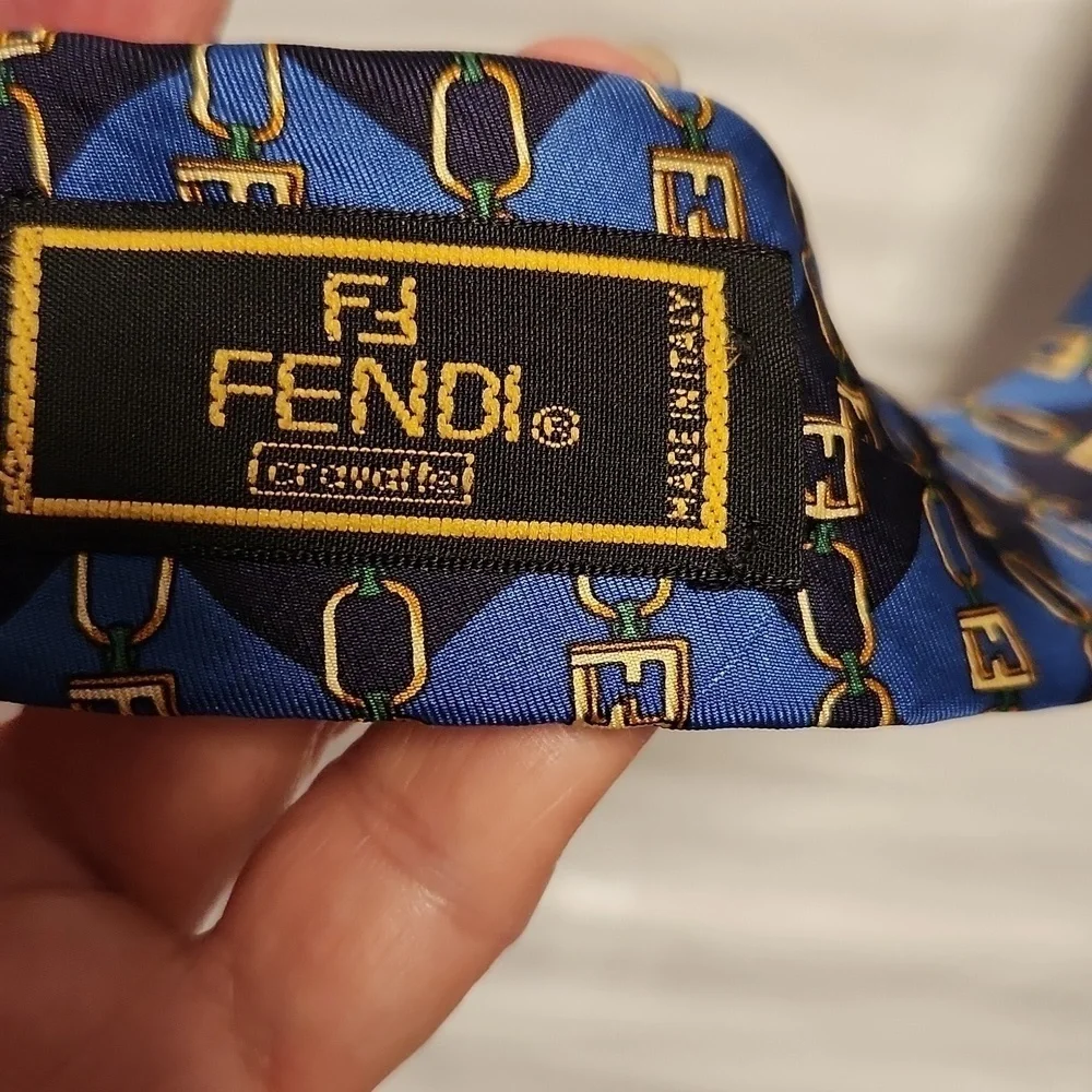 Fendi tan chain and blue/navy Dimond shape silk neck tie